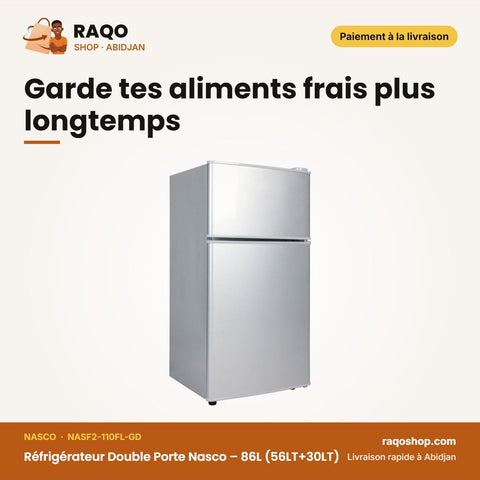 Réfrigérateur Double Porte Nasco – 86L (56LT+30LT) – Miroir-Noir | NASF2-110FL-GD