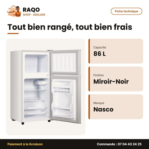 Réfrigérateur Double Porte Nasco – 86L (56LT+30LT) – Miroir-Noir | NASF2-110FL-GD