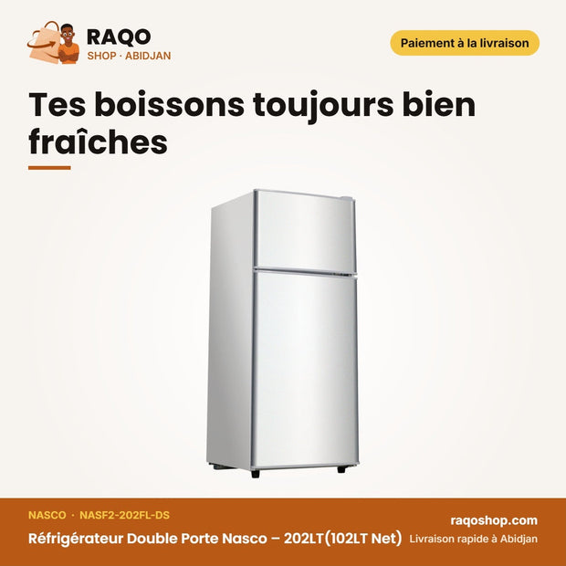 Réfrigérateur Double Porte Nasco – 202LT(102LT Net) – Dark Silver | NASF2-202FL-DS