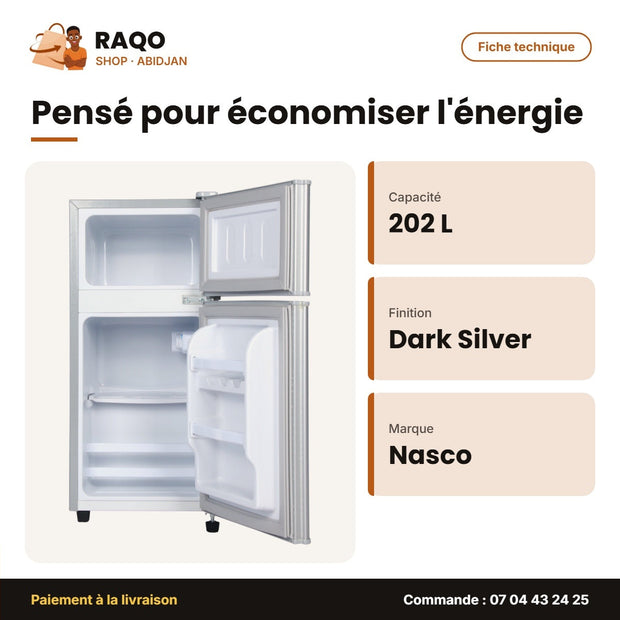 Réfrigérateur Double Porte Nasco – 202LT(102LT Net) – Dark Silver | NASF2-202FL-DS