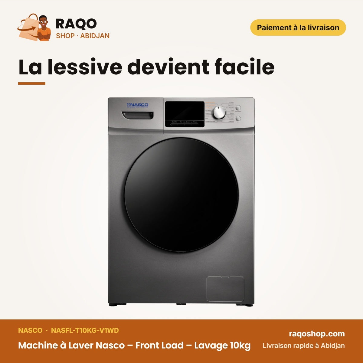 Machine à Laver Nasco – Front Load – Lavage 10kg – Séchage 7kg | NASFL-T10KG-V1WD