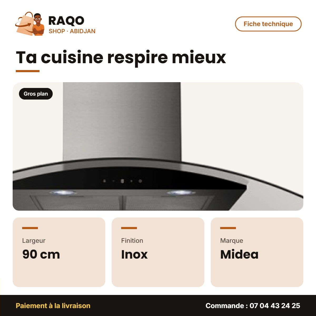 Hotte Aspirante Midea 90cm Acier Inox – Model Vitré-Incurve | GAZ_90V33