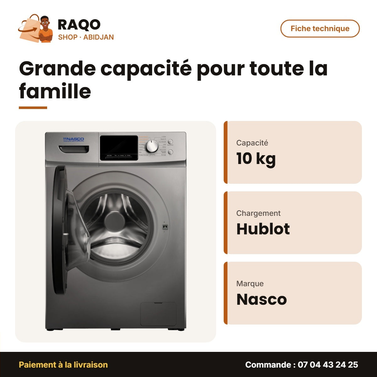 Machine à Laver Nasco – Front Load – Lavage 10kg – Séchage 7kg | NASFL-T10KG-V1WD