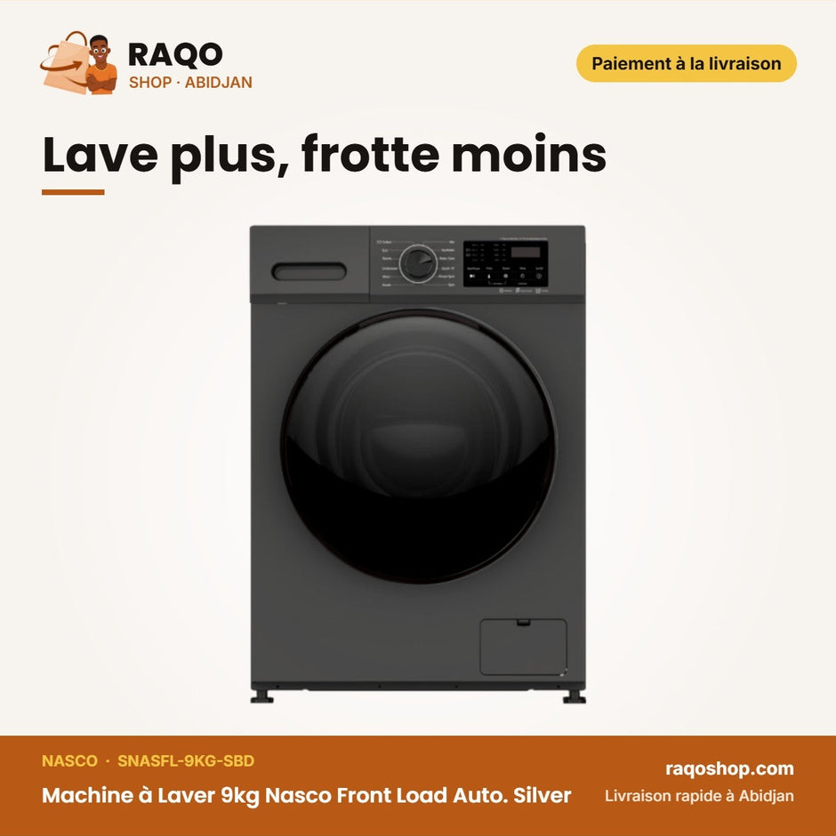 Machine à Laver 9kg Nasco Front Load Auto. Silver – Écran D'affichage – A+++ | SNASFL-9KG-SBD