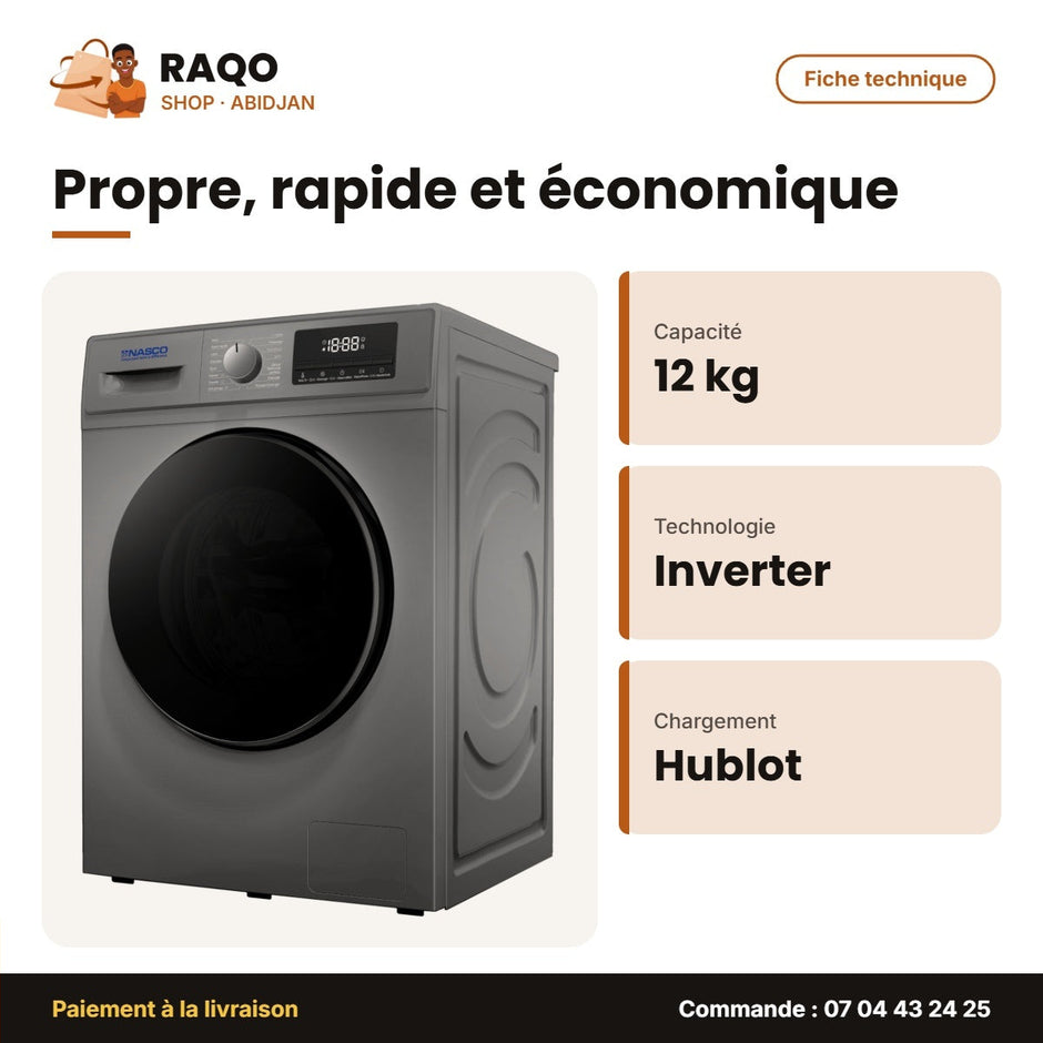 Machine à Laver Nasco – Front Load – 12kg – Smart Inverter | NASFL-T12KG-SDV1