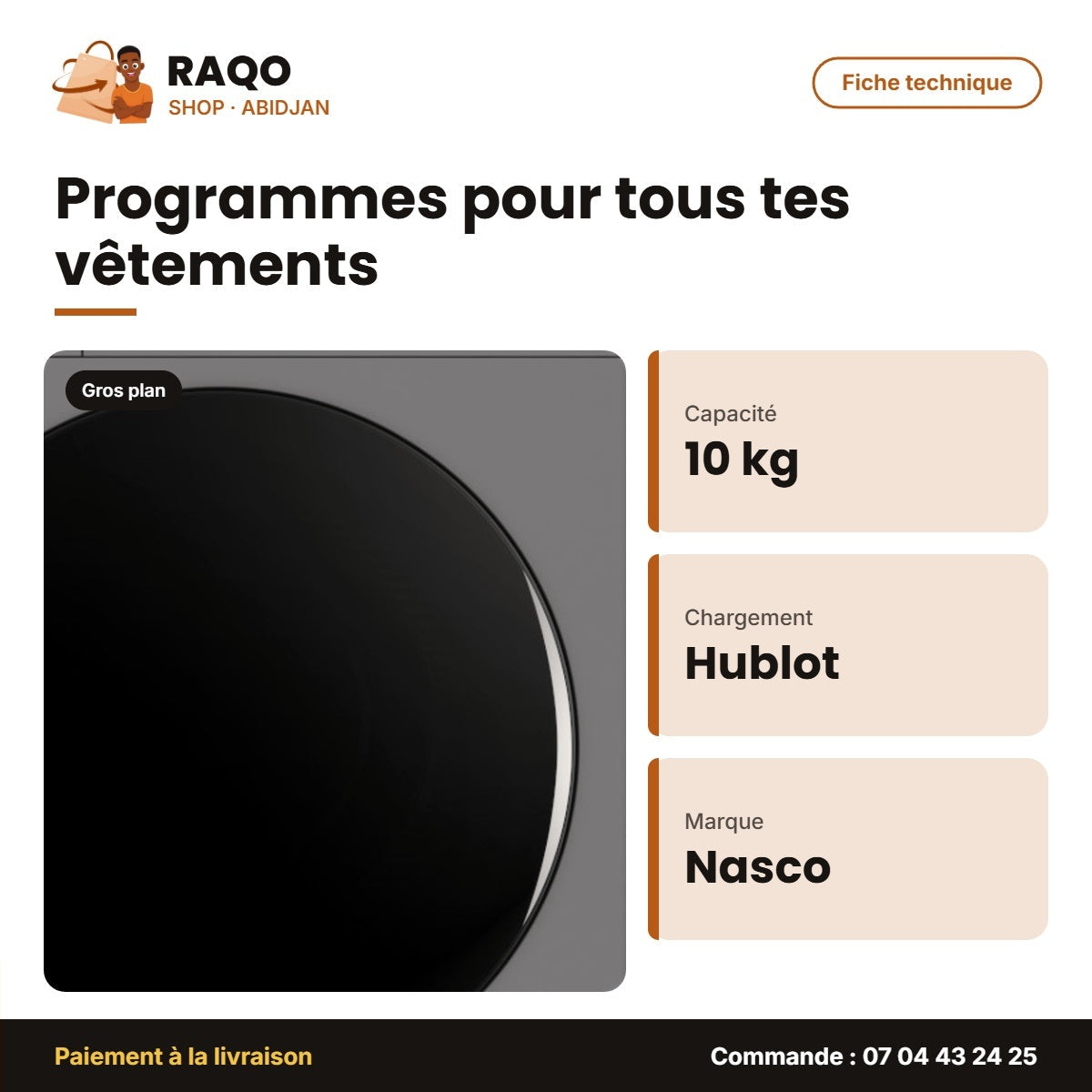 Machine à Laver 10kg Nasco – Front Load – 1400TPM – Add Wash | NASFL-JS10KG-S
