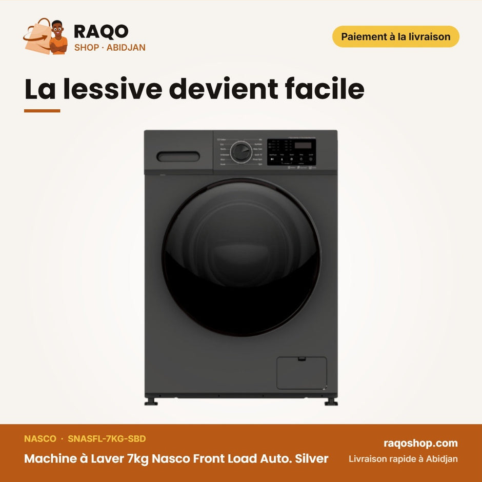Machine à Laver 7kg Nasco Front Load Auto. Silver – Écran D'affichage – A+++ | SNASFL-7KG-SBD