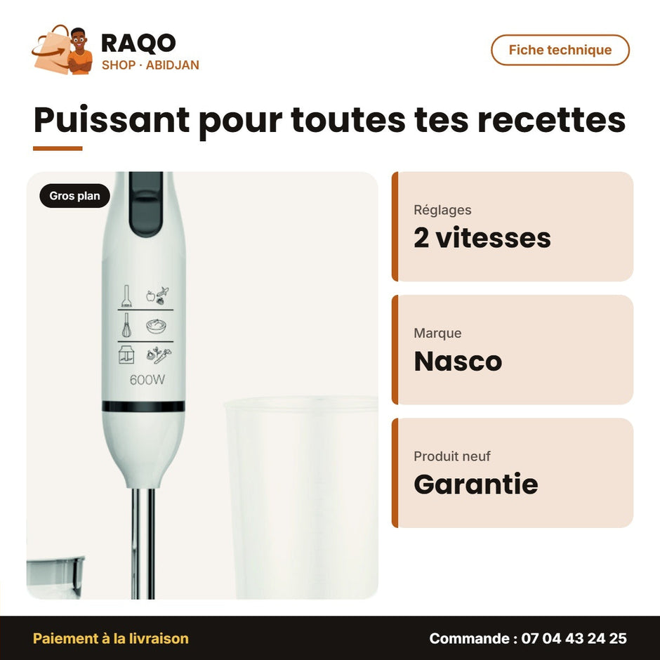 Mixeur Plongeant - Mixeur à Main Nasco – 2 Vitesses – 500ML Hachoir – Fouet | HB6079-CB4