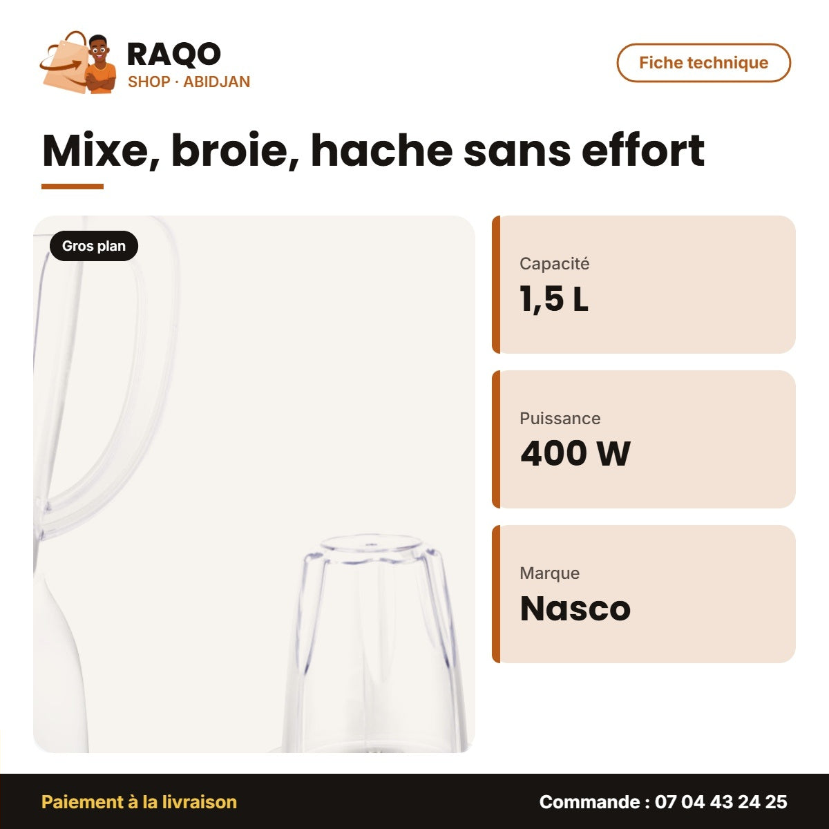 Mixeur Nasco 1.5L 400W – Bocal en Verre – Avec Broyeur – Plastic Body | BL2005CG-CB