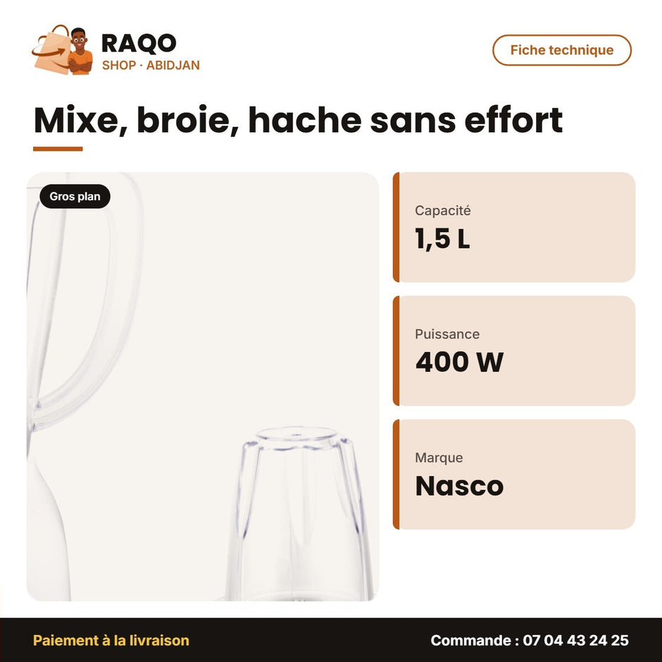 Mixeur Nasco 1.5L 400W – Bocal en Verre – Avec Broyeur – Plastic Body | BL2005CG-CB