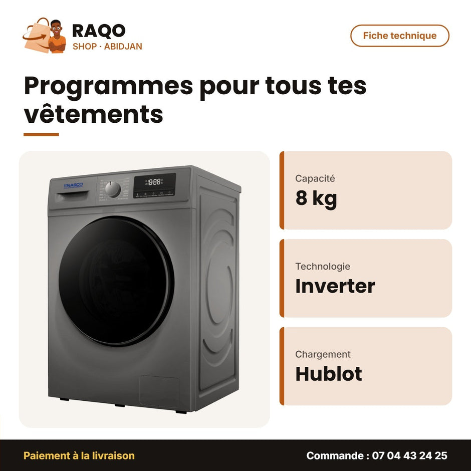 Machine à Laver Nasco – Front Load – 8kg – Smart Inverter | NASFL-T8KG-SDV1