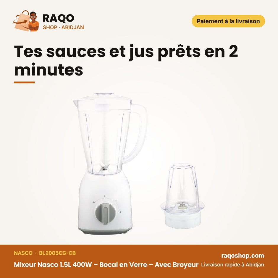 Mixeur Nasco 1.5L 400W – Bocal en Verre – Avec Broyeur – Plastic Body | BL2005CG-CB