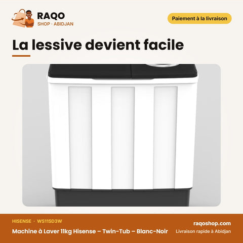 Machine à Laver 11kg Hisense – Twin-Tub – Blanc-Noir – 50Hz | WS11SD3W