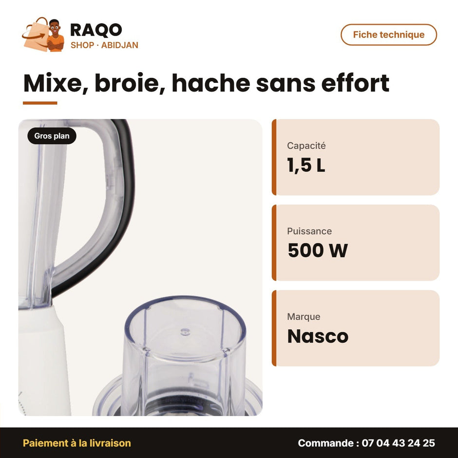 Mixeur Nasco 1.5L – 500W – Corps Plastique – Broyeur | BL9006AL-GS