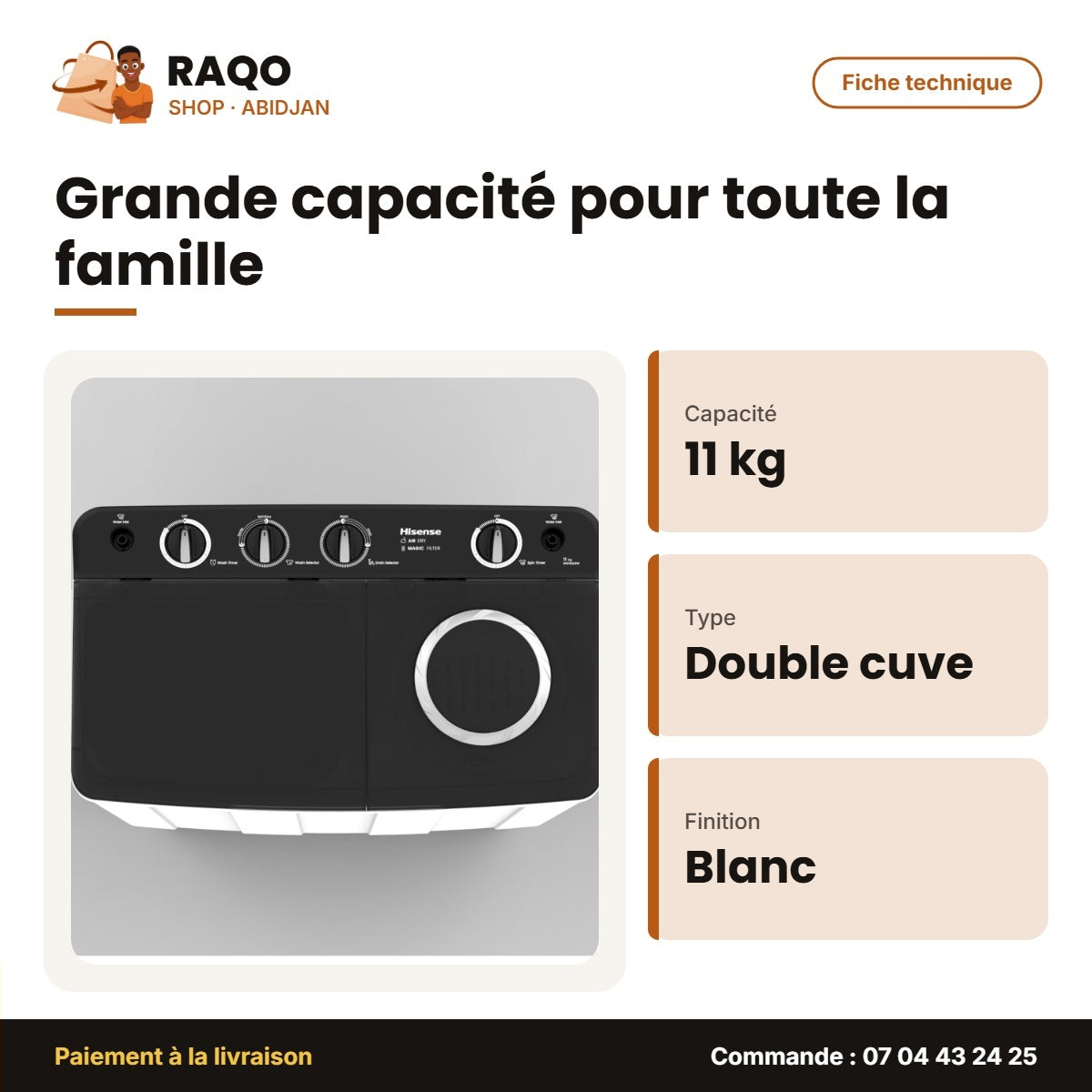 Machine à Laver 11kg Hisense – Twin-Tub – Blanc-Noir – 50Hz | WS11SD3W