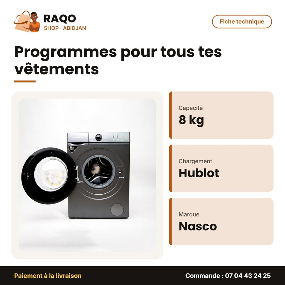 Machine à Laver 8kg Nasco – Front Load – Auto. – 1200TPM | NASFL-J8KG-S