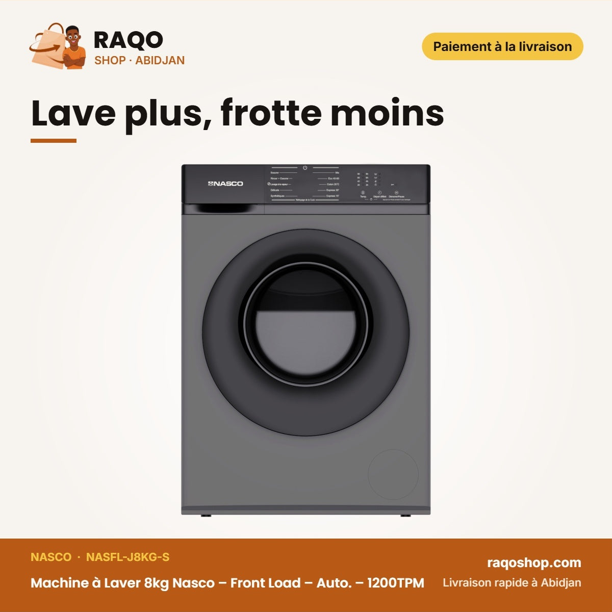 Machine à Laver 8kg Nasco – Front Load – Auto. – 1200TPM | NASFL-J8KG-S