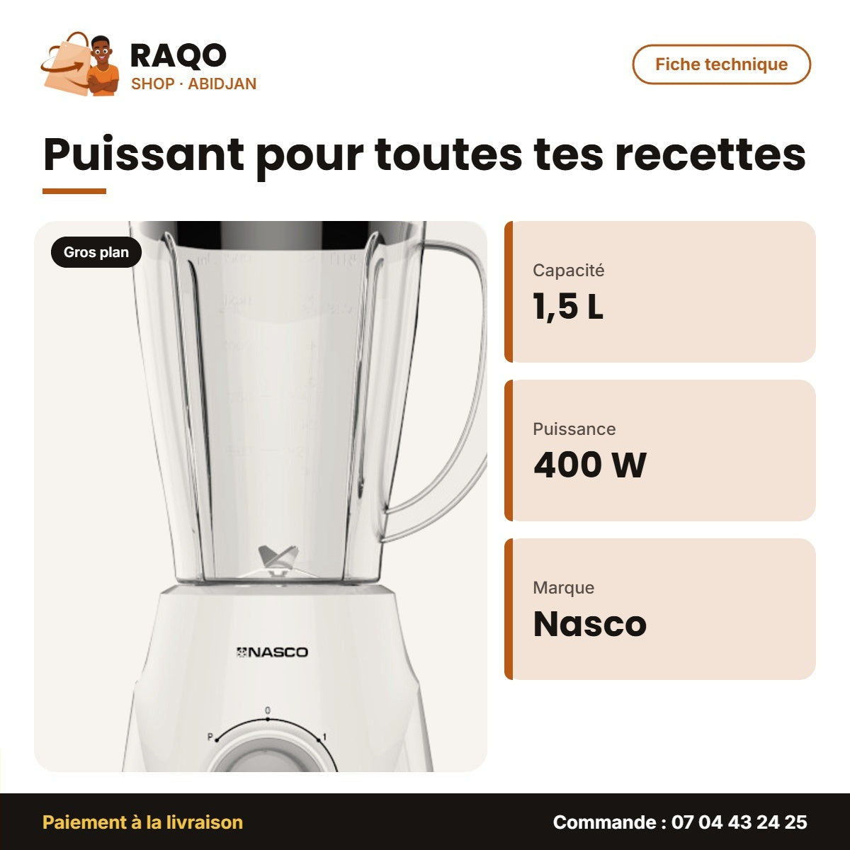 Mixeur Nasco – 1.5L – 400W – Corps en Plastique | BL2033CD-CB