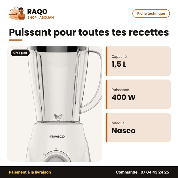Mixeur Nasco – 1.5L – 400W – Corps en Plastique | BL2033CD-CB