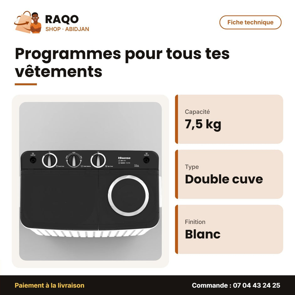 Machine à Laver 7.5kg Hisense – Twin-Tub – Blanc-Noir – 50Hz | WS75HA3W