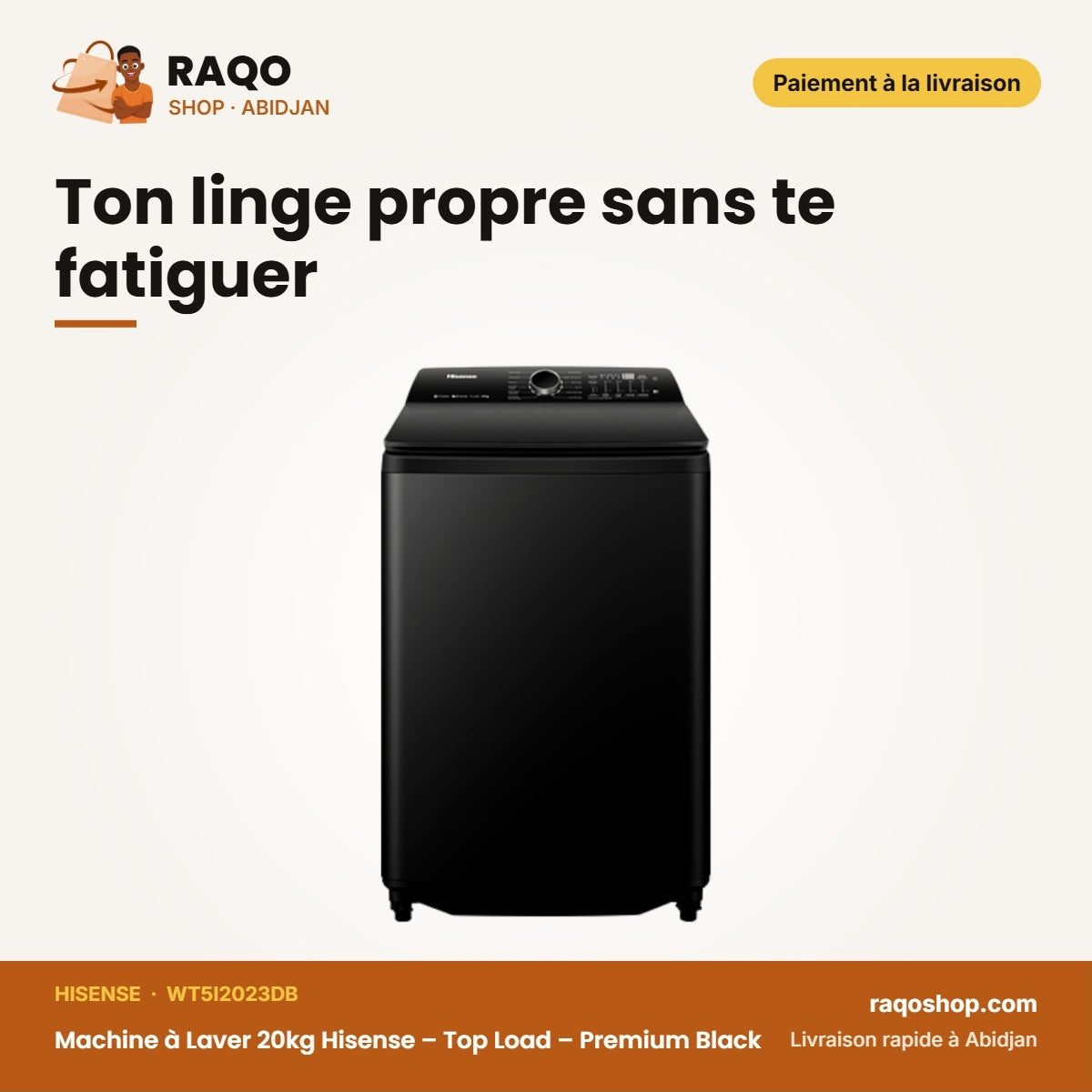 Machine à Laver 20kg Hisense – Top Load – Premium Black – Inverter | WT5I2023DB