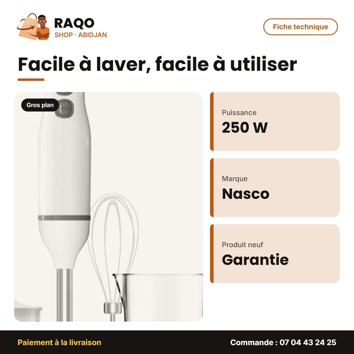 Mixeur à Main Nasco 250W – 2VIT. – Plast Body avec 1 Kit D'acc. 6PC | MIXER_HB6063KA-GS