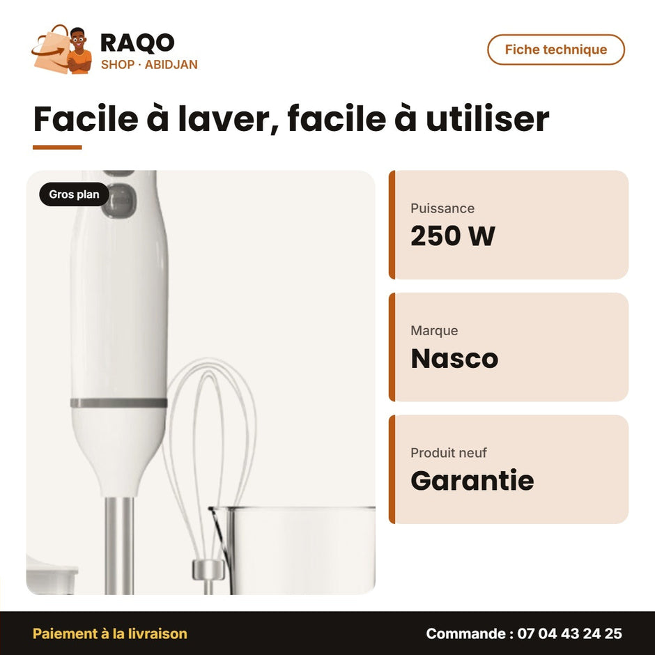 Mixeur à Main Nasco 250W – 2VIT. – Plast Body avec 1 Kit D'acc. 6PC | MIXER_HB6063KA-GS