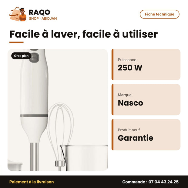 Mixeur à Main Nasco 250W – 2VIT. – Plast Body avec 1 Kit D'acc. 6PC | MIXER_HB6063KA-GS
