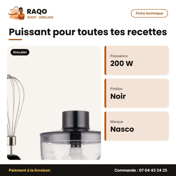 Mixeur Plongeant - à Main Nasco – 4 en 1 – 200W – Noir | NAS-HB3304-TMT