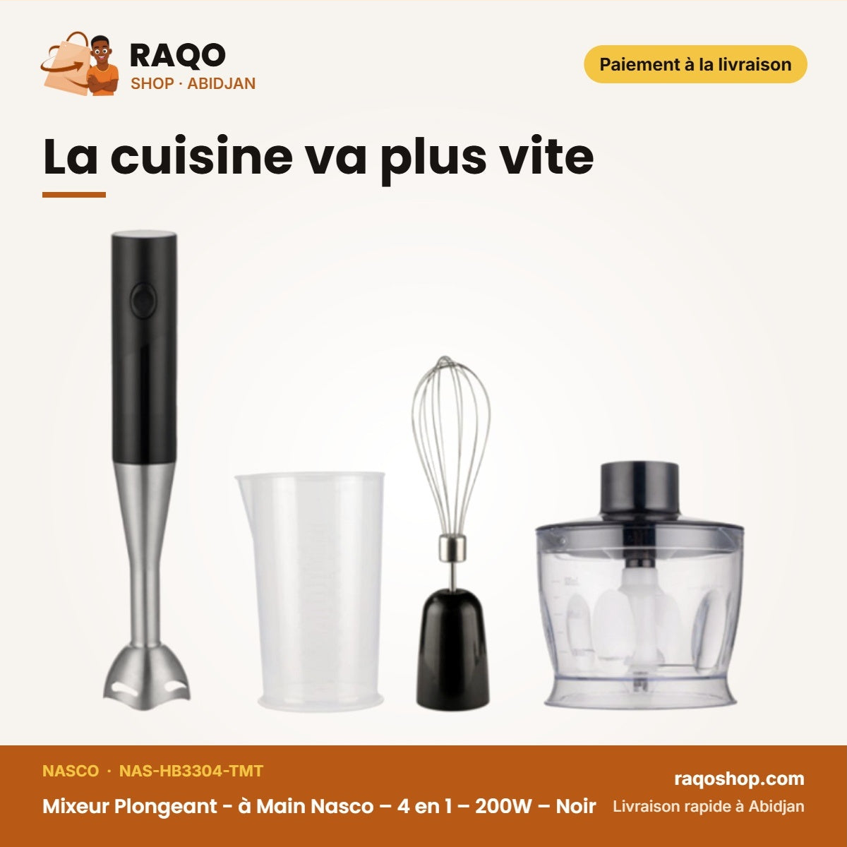Mixeur Plongeant - à Main Nasco – 4 en 1 – 200W – Noir | NAS-HB3304-TMT