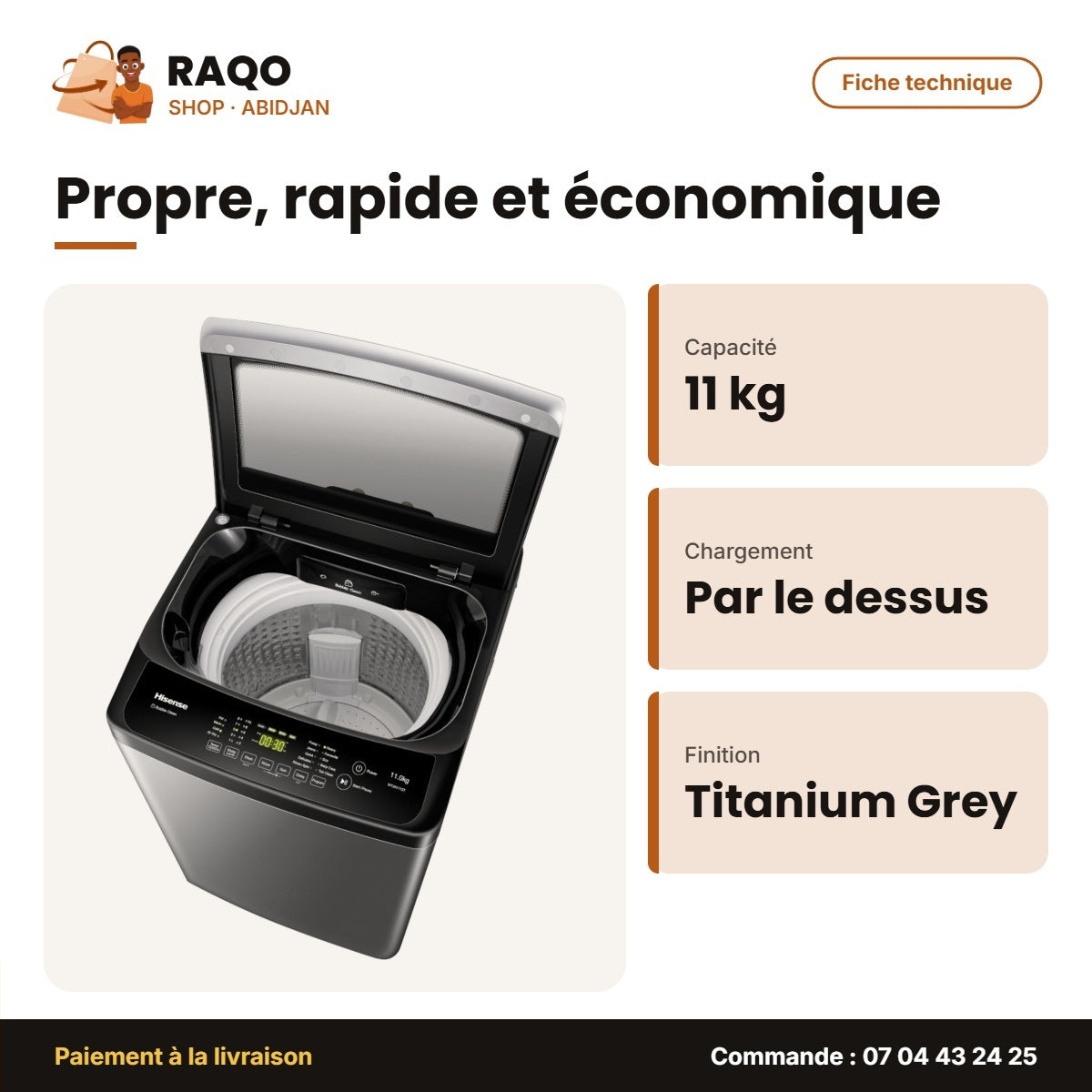 Machine à Laver 11kg Hisense – Top Load – Titanium Grey – Bubble Clean | WTJA1112T