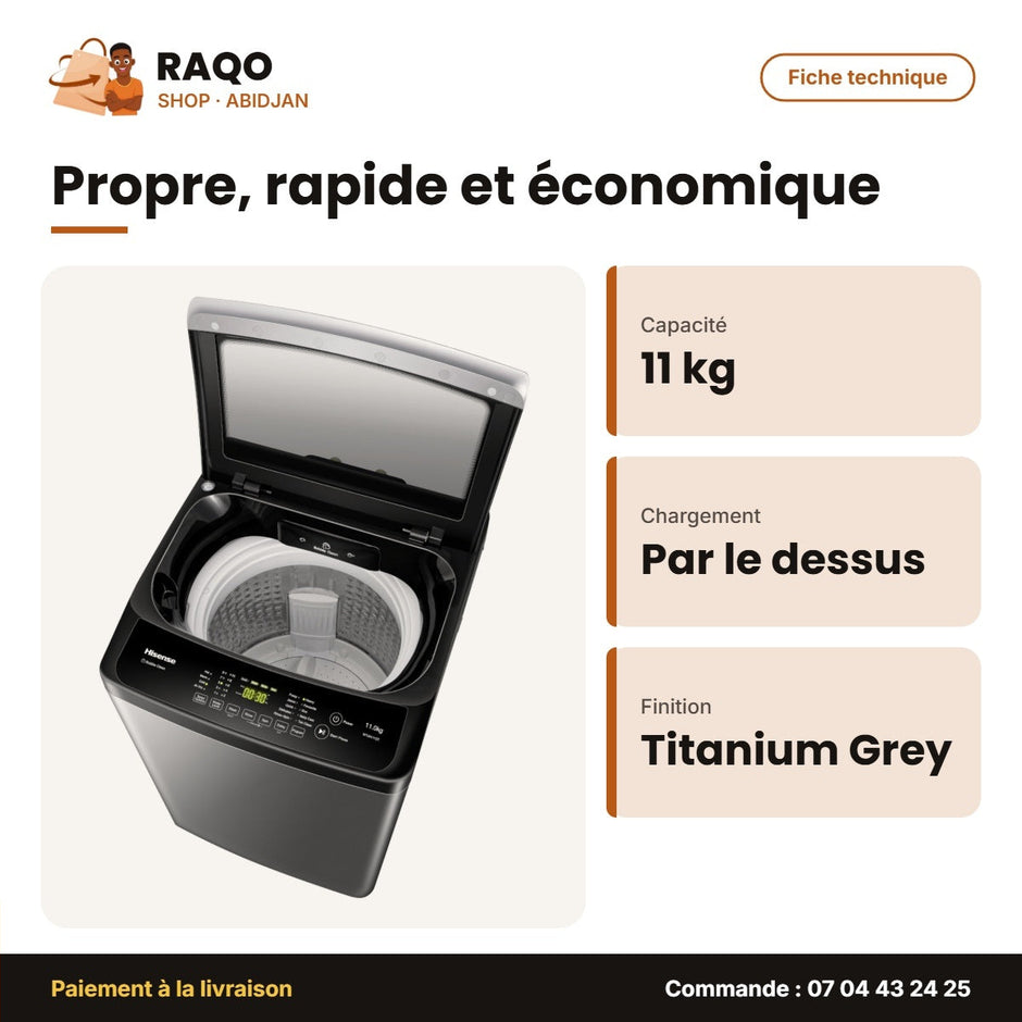 Machine à Laver 11kg Hisense – Top Load – Titanium Grey – Bubble Clean | WTJA1112T