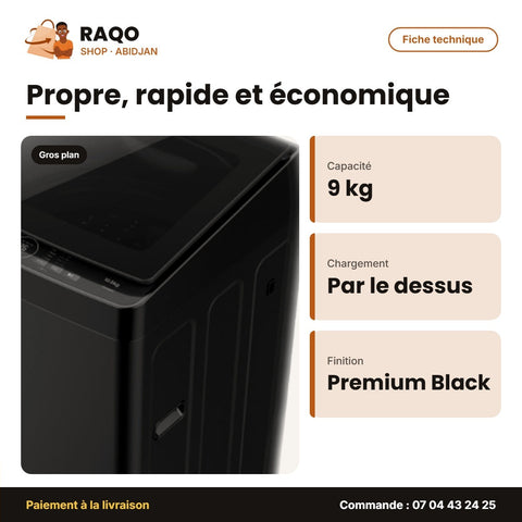 Machine à Laver 9kg Hisense – Top Load – Automatique – Premium Black | WT3K9022UB