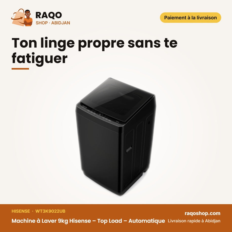 Machine à Laver 9kg Hisense – Top Load – Automatique – Premium Black | WT3K9022UB