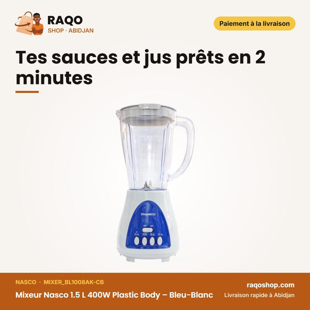 Mixeur Nasco 1.5 L 400W Plastic Body – Bleu-Blanc – Avec Broyeur | MIXER_BL1008AK-CB