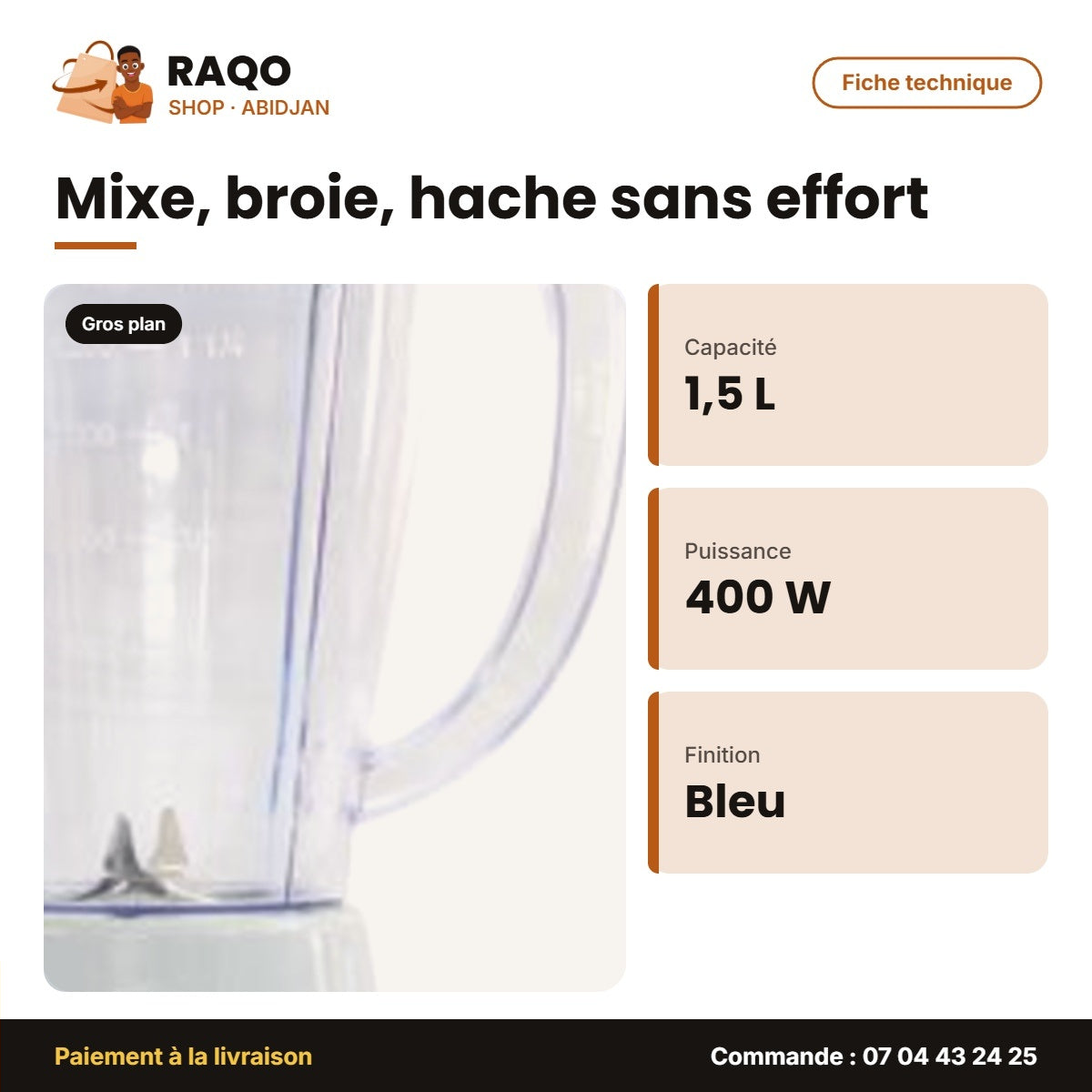 Mixeur Nasco 1.5 L 400W Plastic Body – Bleu-Blanc – Avec Broyeur | MIXER_BL1008AK-CB