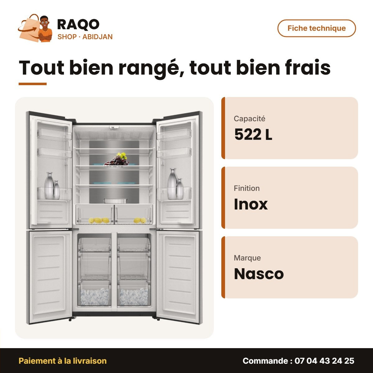 Réfrigérateur 4 Portes Nasco – 522L Net (351L+171L) – Inox – Fast Cooling | KNASF4-64.4DS