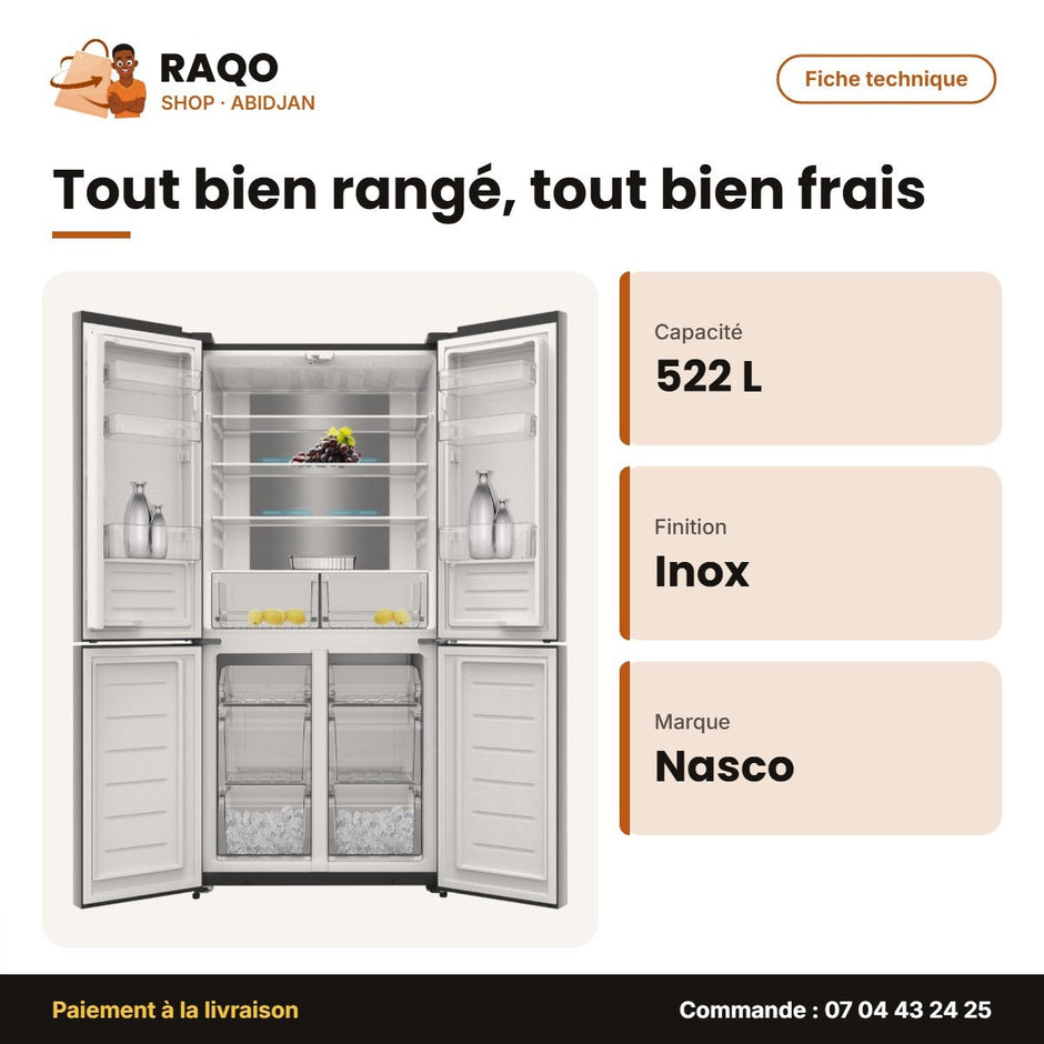 Réfrigérateur 4 Portes Nasco – 522L Net (351L+171L) – Inox – Fast Cooling | KNASF4-64.4DS
