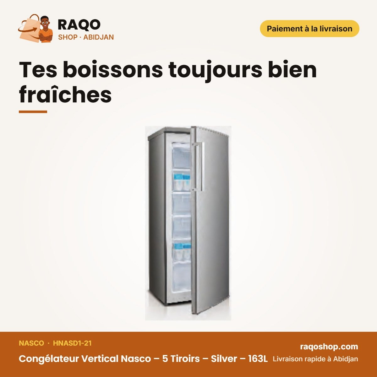 Congélateur Vertical Nasco – 5 Tiroirs – Silver – 163L | HNASD1-21
