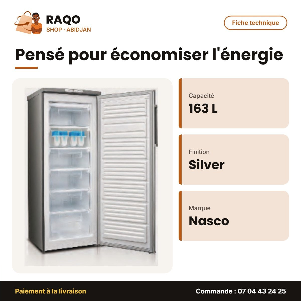 Congélateur Vertical Nasco – 5 Tiroirs – Silver – 163L | HNASD1-21