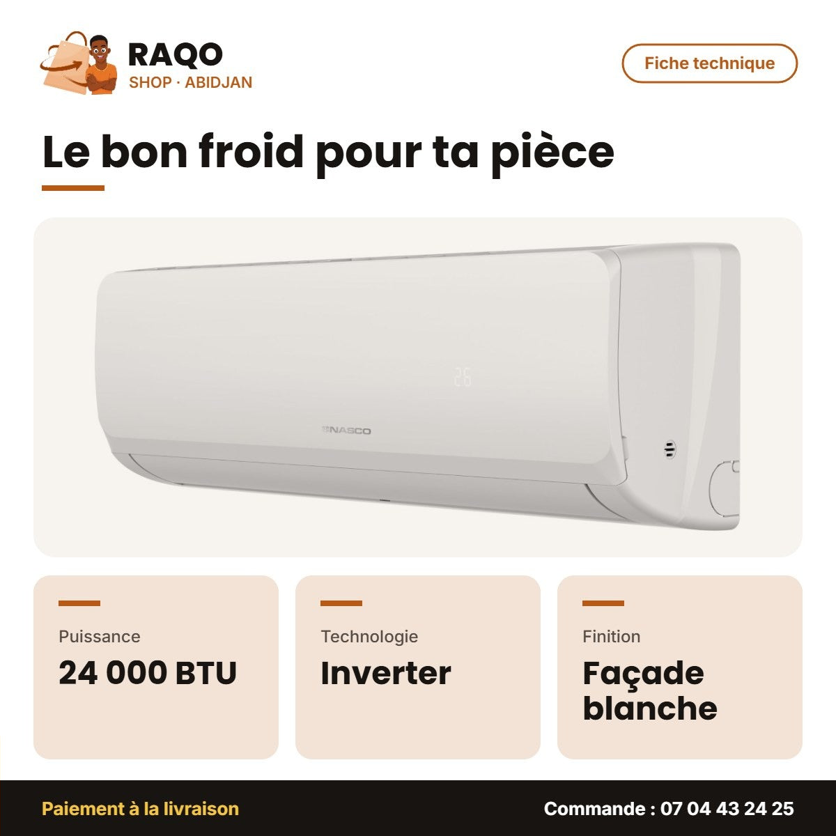 Split 24.000 BTU Inverter Nasco R410 Façade Blanche | NAS-J24-V1