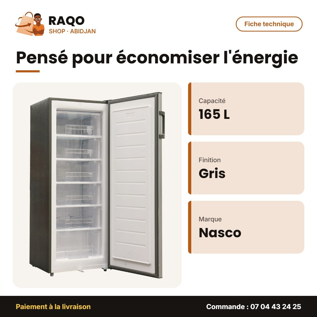 Congélateur Vertical Nasco – 6 Tiroirs – Gris – 165L Net | NASD1-26-LM