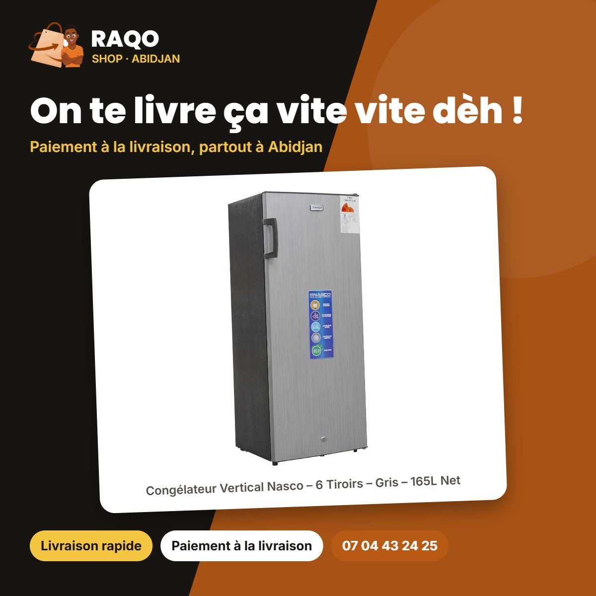 Congélateur Vertical Nasco – 6 Tiroirs – Gris – 165L Net | NASD1-26-LM