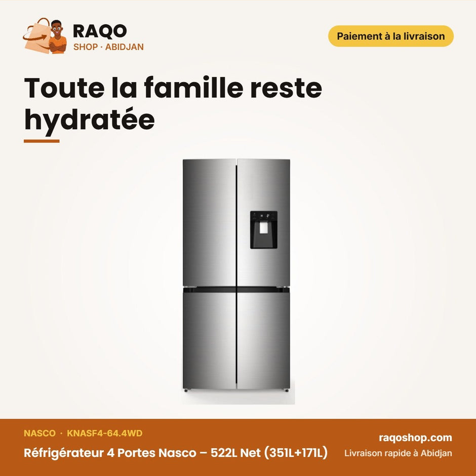 Réfrigérateur 4 Portes Nasco – 522L Net (351L+171L) – Distributeur D'eau – Inox | KNASF4-64.4WD