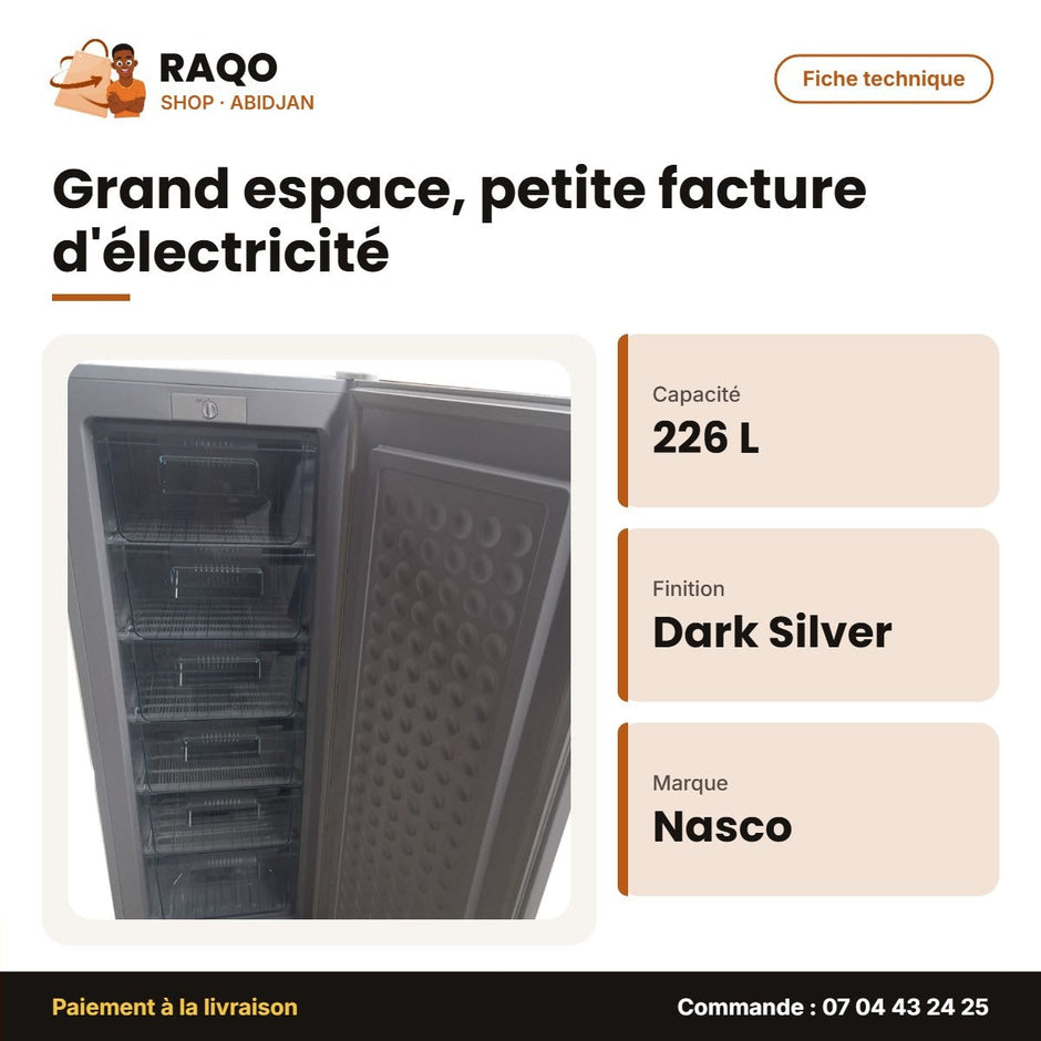 Congélateur Vertical Nasco – 226LT(180LT Net) – 6 Tiroirs – Dark Silver | NASD1-226FL-DS
