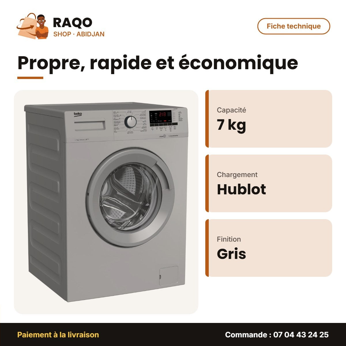 Machine à Laver 7kg Beko Front Load – 1000RPM – Gris | BEKO_WTV7513BS