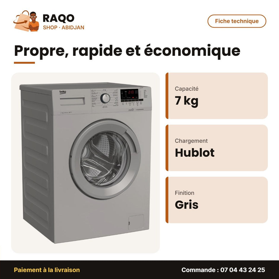 Machine à Laver 7kg Beko Front Load – 1000RPM – Gris | BEKO_WTV7513BS