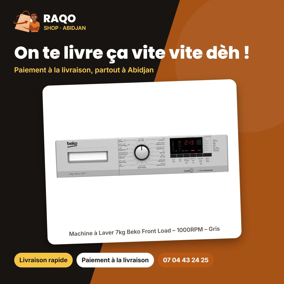 Machine à Laver 7kg Beko Front Load – 1000RPM – Gris | BEKO_WTV7513BS