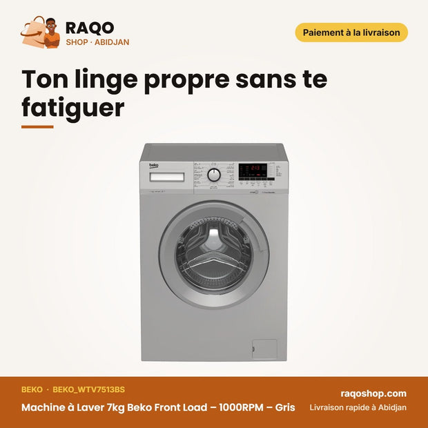 Machine à Laver 7kg Beko Front Load – 1000RPM – Gris | BEKO_WTV7513BS