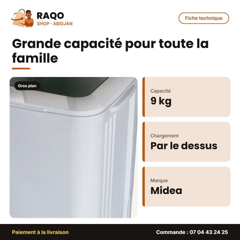Machine à Laver 9kg Midea – Top Load – Manuel – Single Tub | MTT90-WP2302